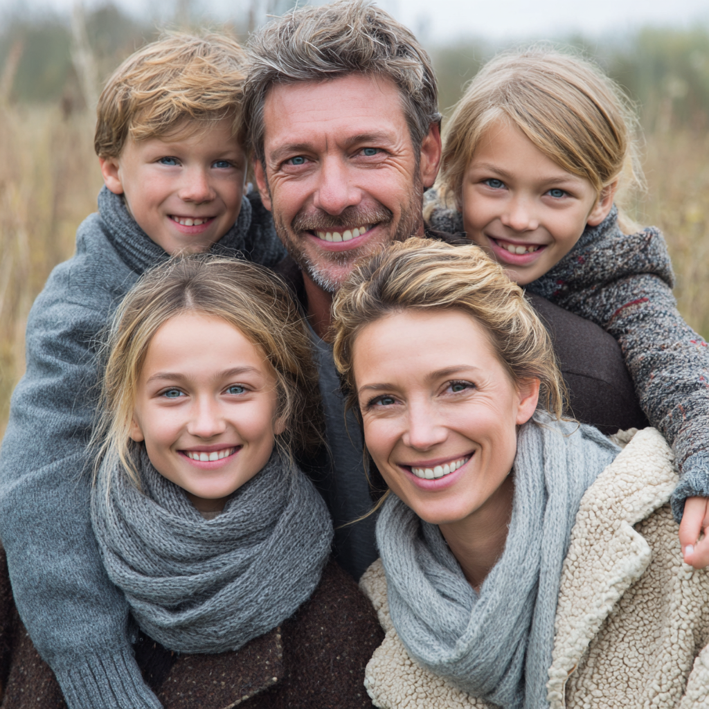 Щаслива здорова європейська сім'я середнього віку посміхається, тримаючи свіжі органічні овочі та фрукти на кухні, реалістичний стиль